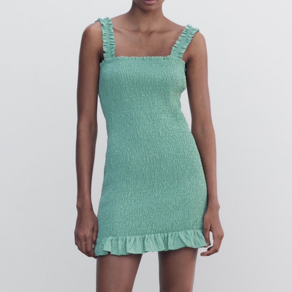 Zara textured dress washed green sleeveless ruffled stretchy New with tag small